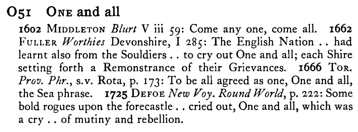 ONE and all - a scanned entry from Tilley's 1950 Dictionary of Proverbs.