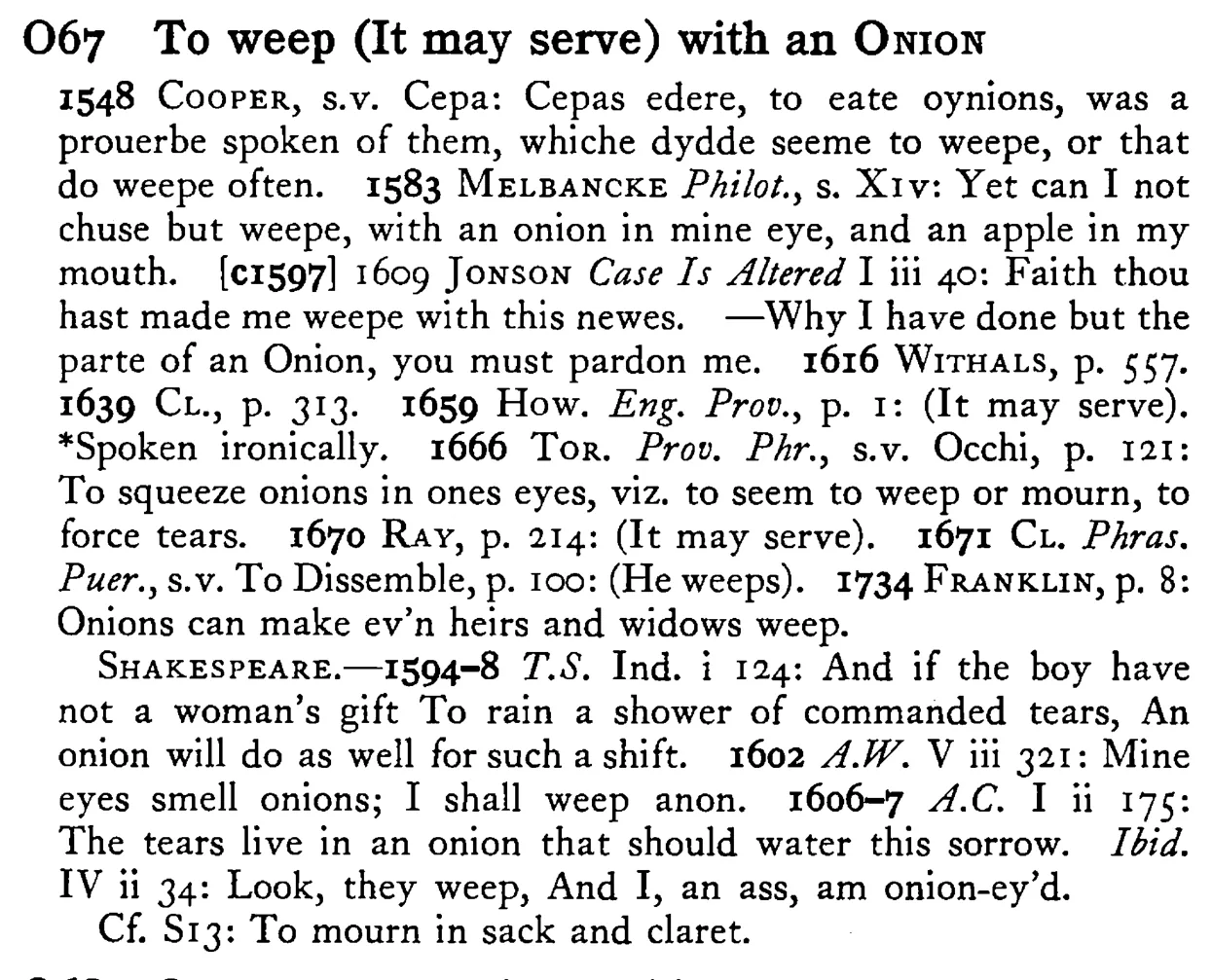 To weep (It may serve) with an ONION - a scanned entry from Tilley's 1950 Dictionary of Proverbs.