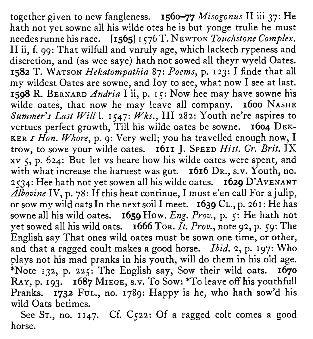 To sow his wild OATS - a scanned entry from Tilley's 1950 Dictionary of Proverbs. (continuation)