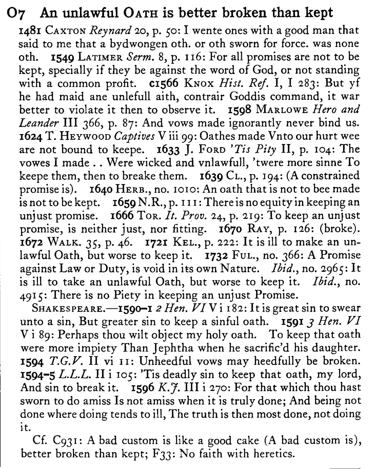 An unlawful OATH is better broken than kept - a scanned entry from Tilley's 1950 Dictionary of Proverbs.