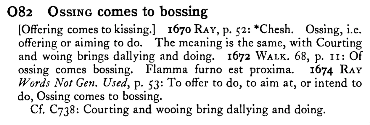 OSSING comes to bossing - a scanned entry from Tilley's 1950 Dictionary of Proverbs.