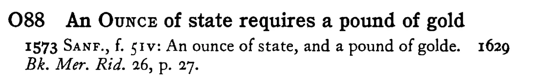 An OUNCE of state requires a pound of gold - a scanned entry from Tilley's 1950 Dictionary of Proverbs.