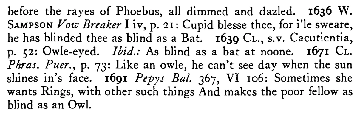 As blind as an OWL (bat) - a scanned entry from Tilley's 1950 Dictionary of Proverbs. (continuation)