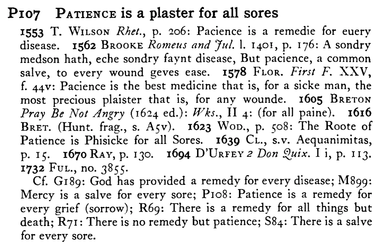 PATIENCE is a plaster for all sores - a scanned entry from Tilley's 1950 Dictionary of Proverbs.