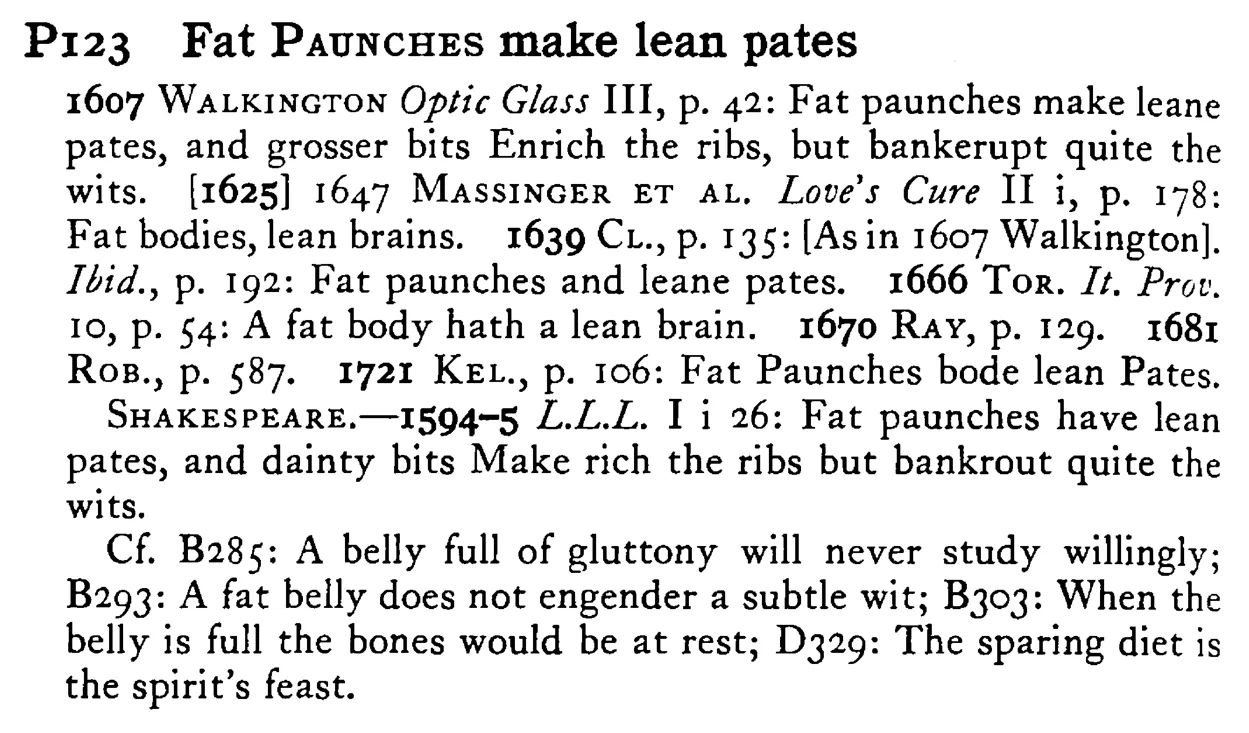 Fat PAUNCHES make lean pates - a scanned entry from Tilley's 1950 Dictionary of Proverbs.