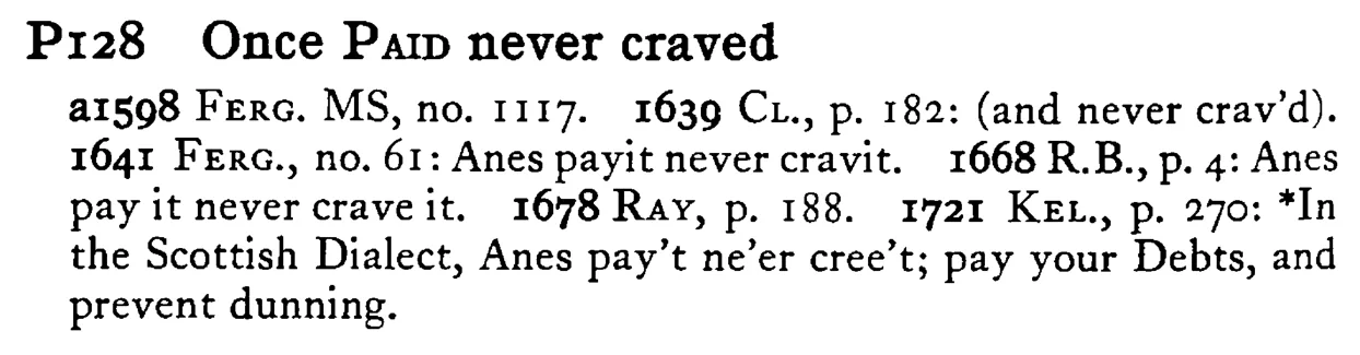 Once PAID never craved - a scanned entry from Tilley's 1950 Dictionary of Proverbs.
