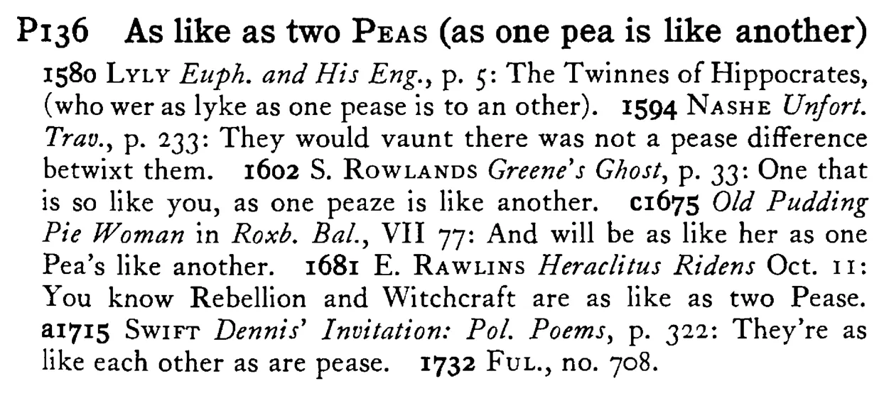 As like as two PEAS (as one PEA is like another) - a scanned entry from Tilley's 1950 Dictionary of Proverbs.