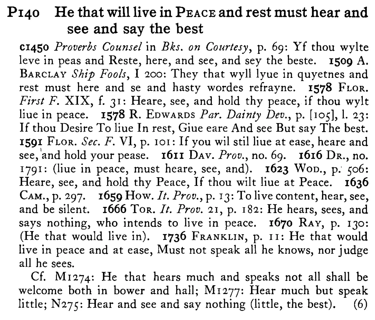 He that will live in PEACE and rest must hear and see and say the best - a scanned entry from Tilley's 1950 Dictionary of Proverbs.