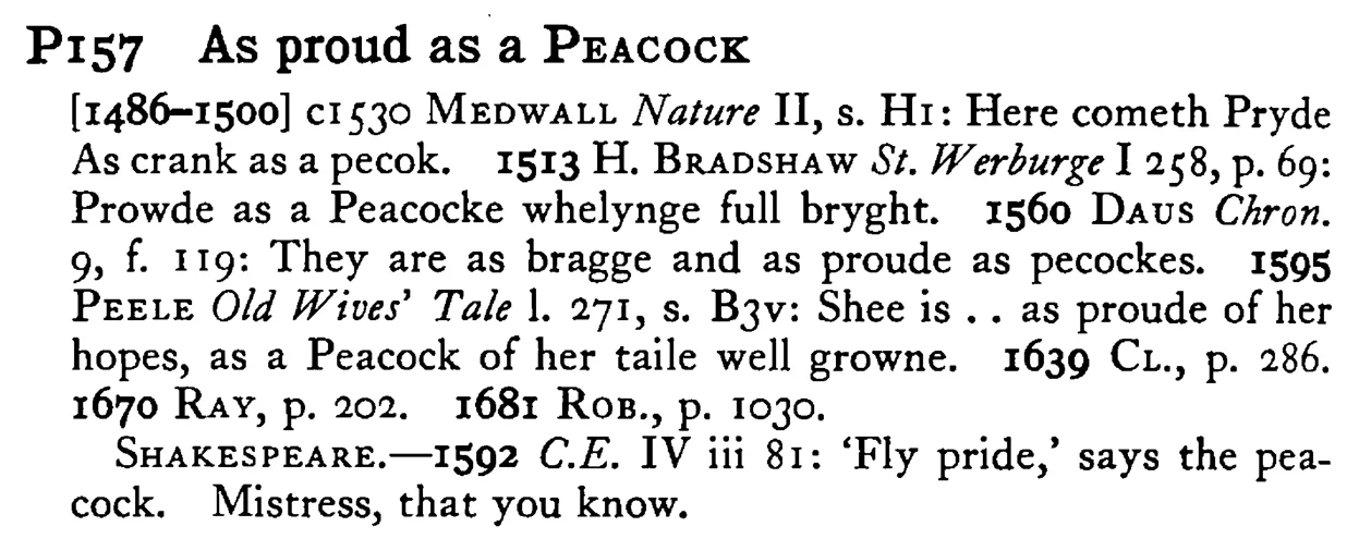 As proud as a PEACOCK - a scanned entry from Tilley's 1950 Dictionary of Proverbs.