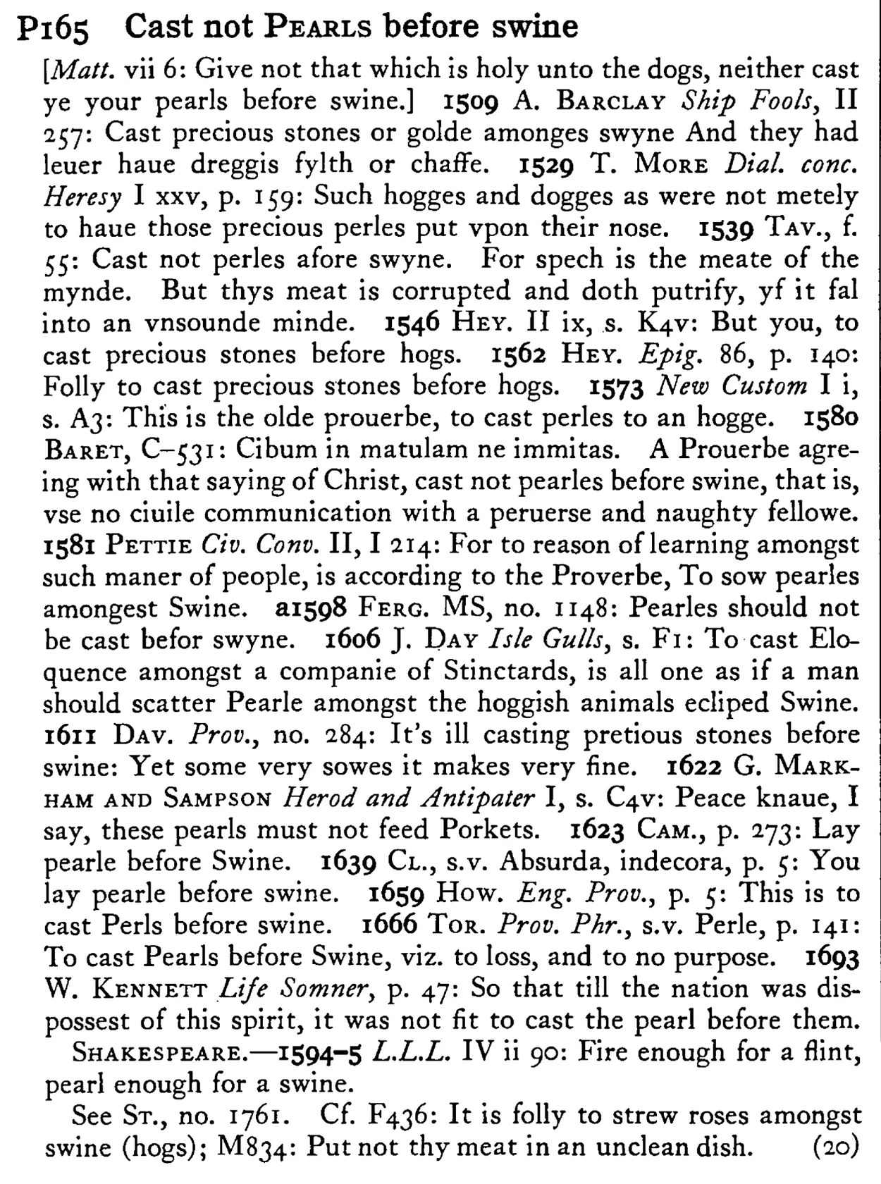 Cast not PEARLS before swine - a scanned entry from Tilley's 1950 Dictionary of Proverbs.