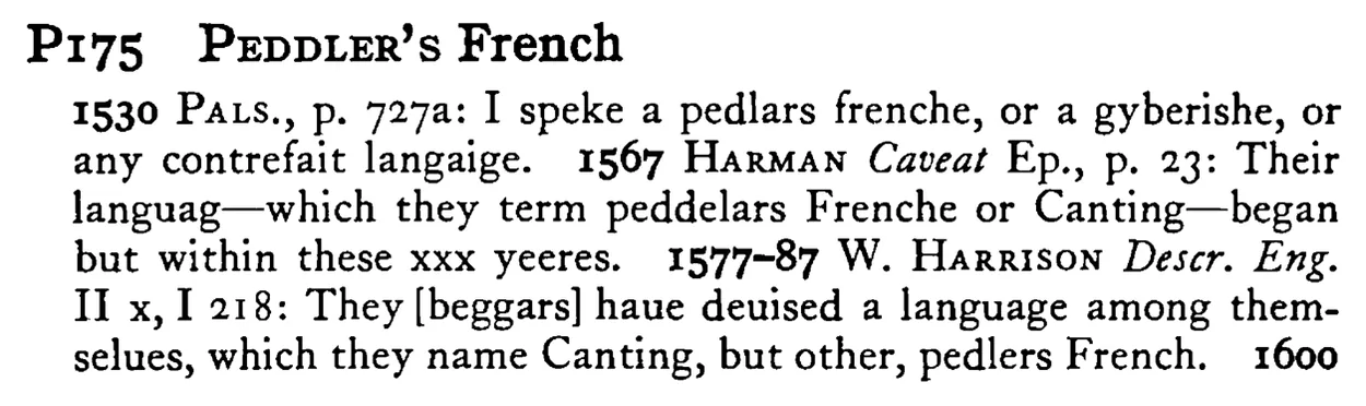 PEDDLER's French - a scanned entry from Tilley's 1950 Dictionary of Proverbs.