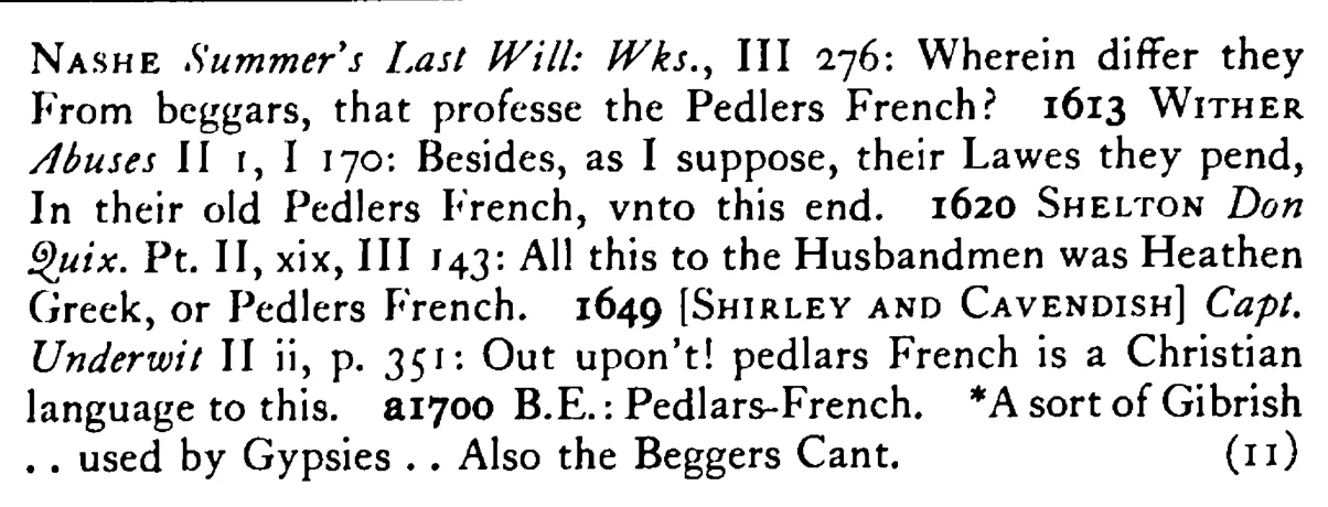 PEDDLER's French - a scanned entry from Tilley's 1950 Dictionary of Proverbs. (continuation)