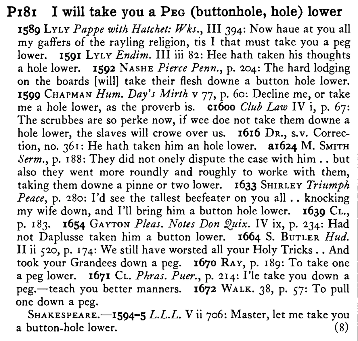 I will take you a PEG (buttonhole, hole) lower - a scanned entry from Tilley's 1950 Dictionary of Proverbs.