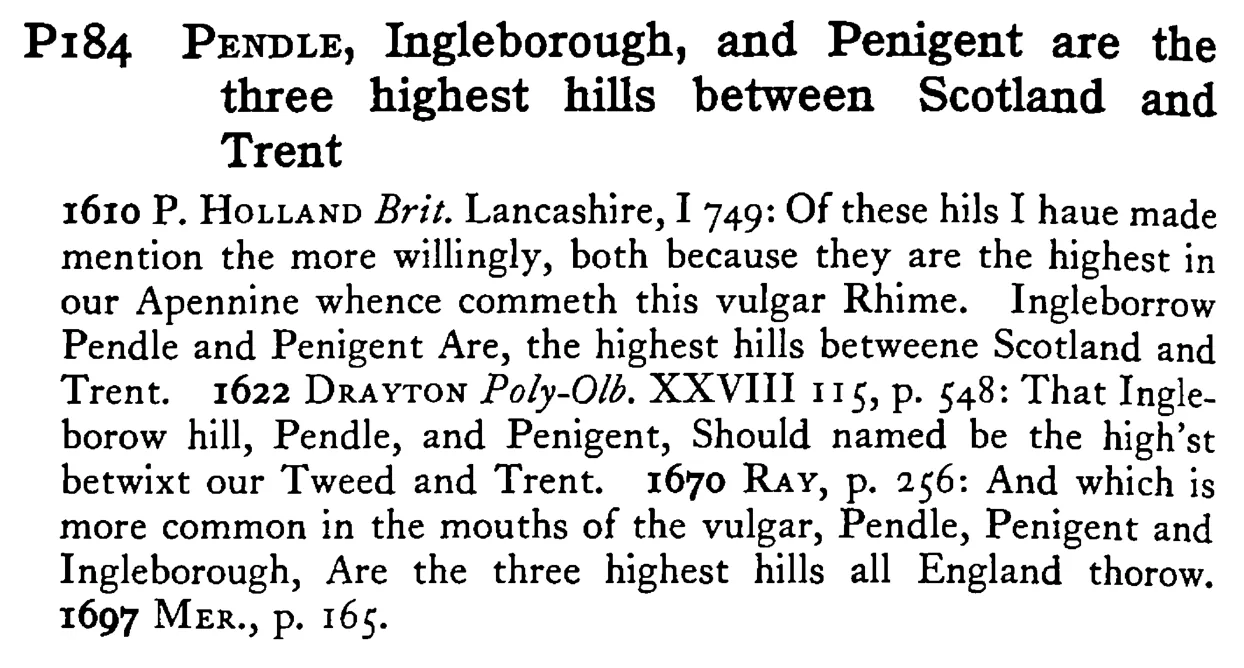 PENDLE, Ingleborough, and Penigent are the three highest hills between Scotland and Trent - a scanned entry from Tilley's 1950 Dictionary of Proverbs.