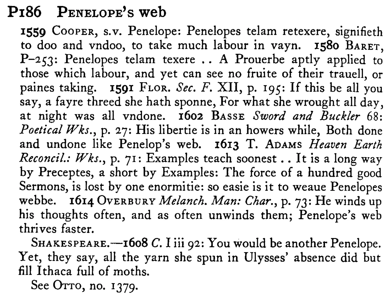 PENELOPE's WEB - a scanned entry from Tilley's 1950 Dictionary of Proverbs.