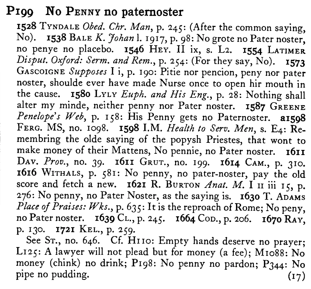 No PENNY no paternoster - a scanned entry from Tilley's 1950 Dictionary of Proverbs.
