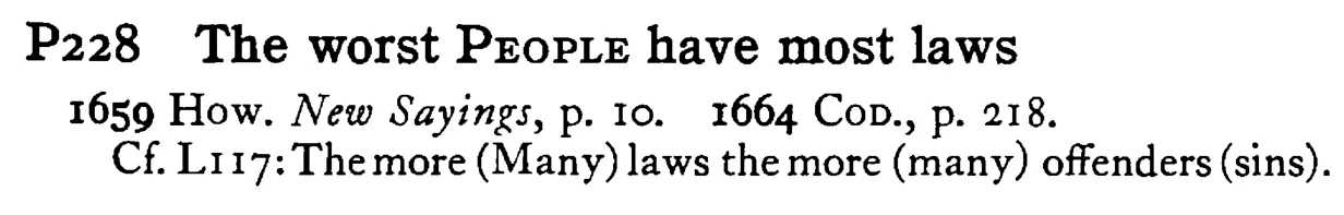 The worst PEOPLE have most laws - a scanned entry from Tilley's 1950 Dictionary of Proverbs.