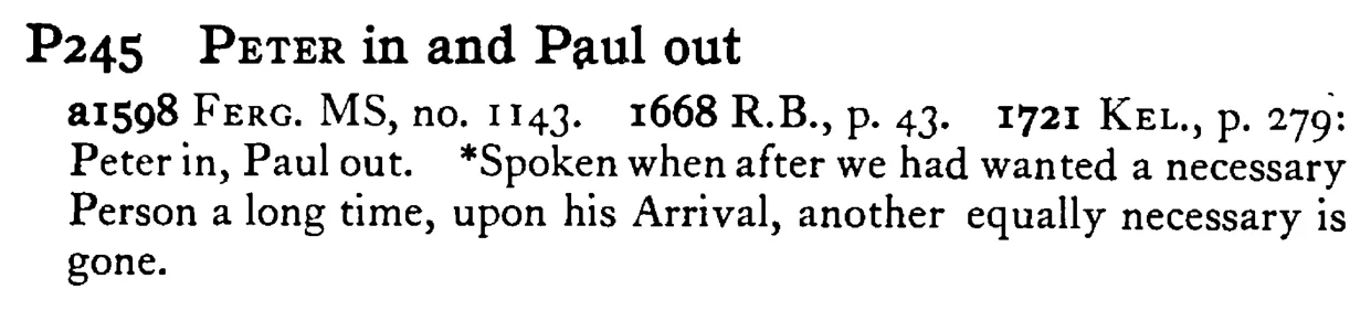 PETER in and Paul out - a scanned entry from Tilley's 1950 Dictionary of Proverbs.