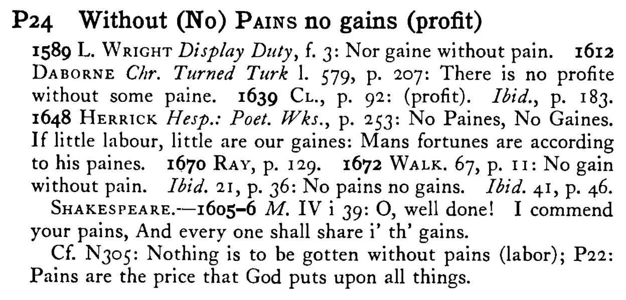 Without (No) PAINS no gains (profit) - a scanned entry from Tilley's 1950 Dictionary of Proverbs.