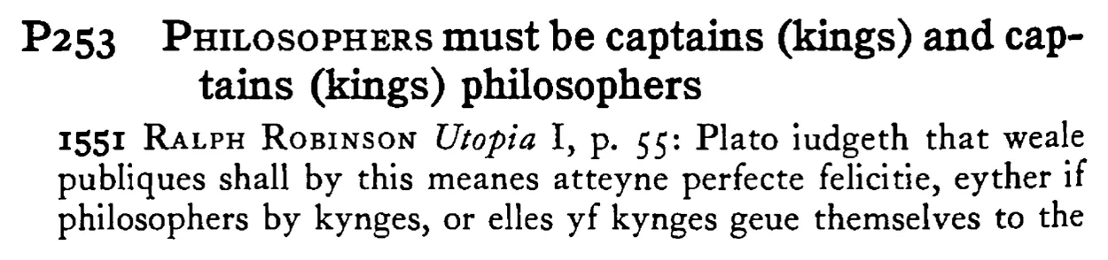 PHILOSOPHERS must be captains (kings) and captains (kings) philosophers - a scanned entry from Tilley's 1950 Dictionary of Proverbs.