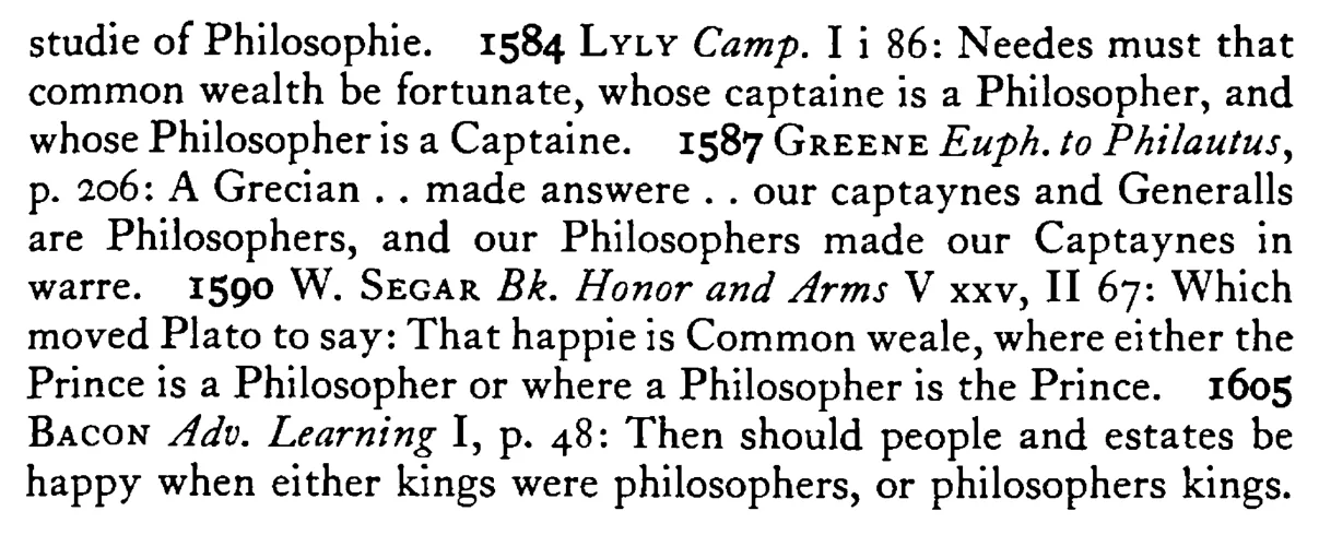PHILOSOPHERS must be captains (kings) and captains (kings) philosophers - a scanned entry from Tilley's 1950 Dictionary of Proverbs. (continuation)