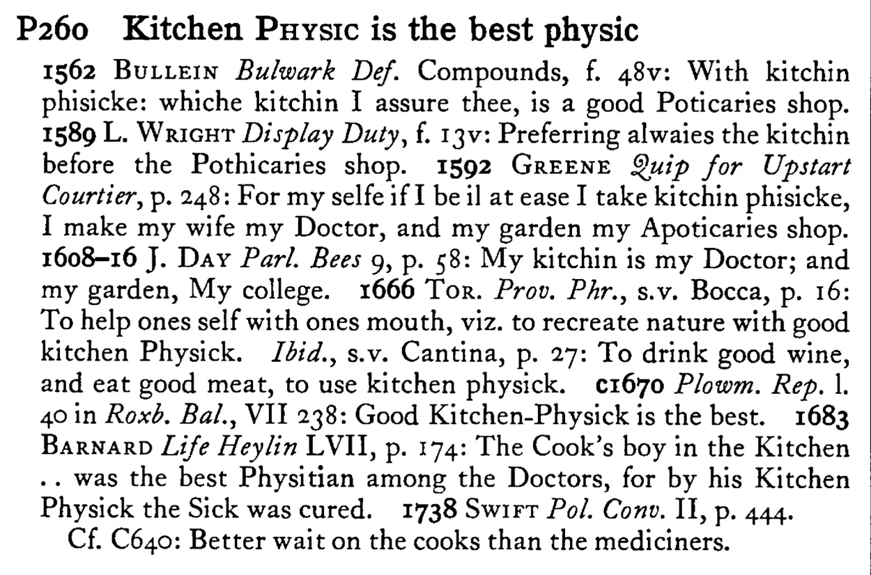 Kitchen PHYSIC is the best physic - a scanned entry from Tilley's 1950 Dictionary of Proverbs.