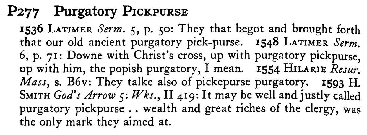 Purgatory PICKPURSE - a scanned entry from Tilley's 1950 Dictionary of Proverbs.