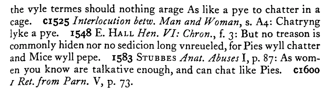 To chatter like a PIE - a scanned entry from Tilley's 1950 Dictionary of Proverbs. (continuation)
