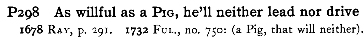 As willful as a PIG, he'll neither lead nor drive - a scanned entry from Tilley's 1950 Dictionary of Proverbs.