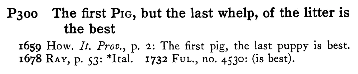 The first PIG, but the last whelp, of the litter is the best - a scanned entry from Tilley's 1950 Dictionary of Proverbs.