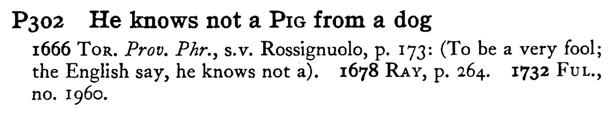 He knows not a PIG from a dog - a scanned entry from Tilley's 1950 Dictionary of Proverbs.