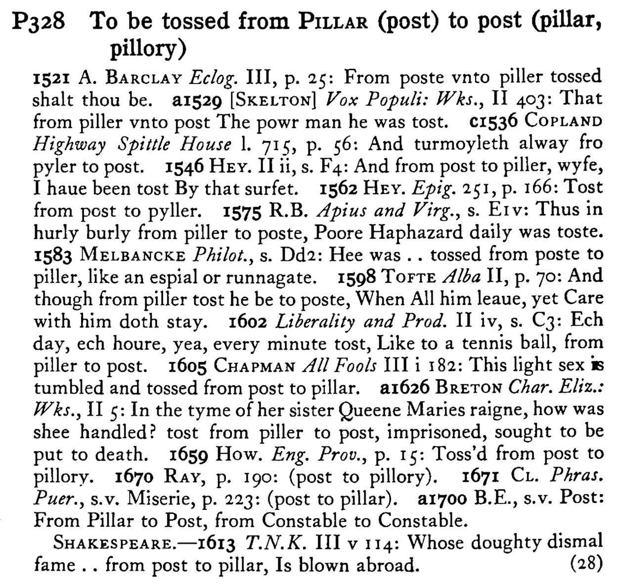 To be tossed from PILLAR (post) to post (pillar, pillory) - a scanned entry from Tilley's 1950 Dictionary of Proverbs.