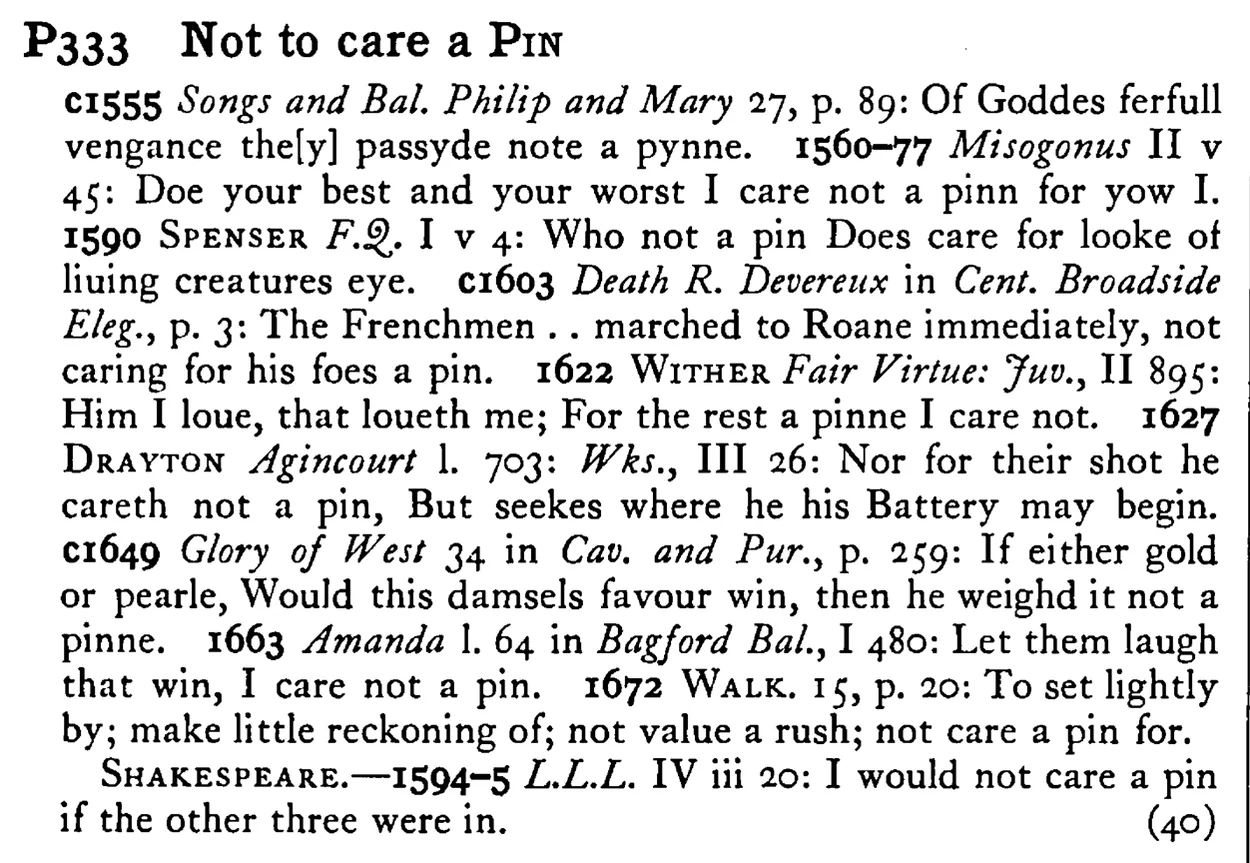 Not to care a PIN - a scanned entry from Tilley's 1950 Dictionary of Proverbs.