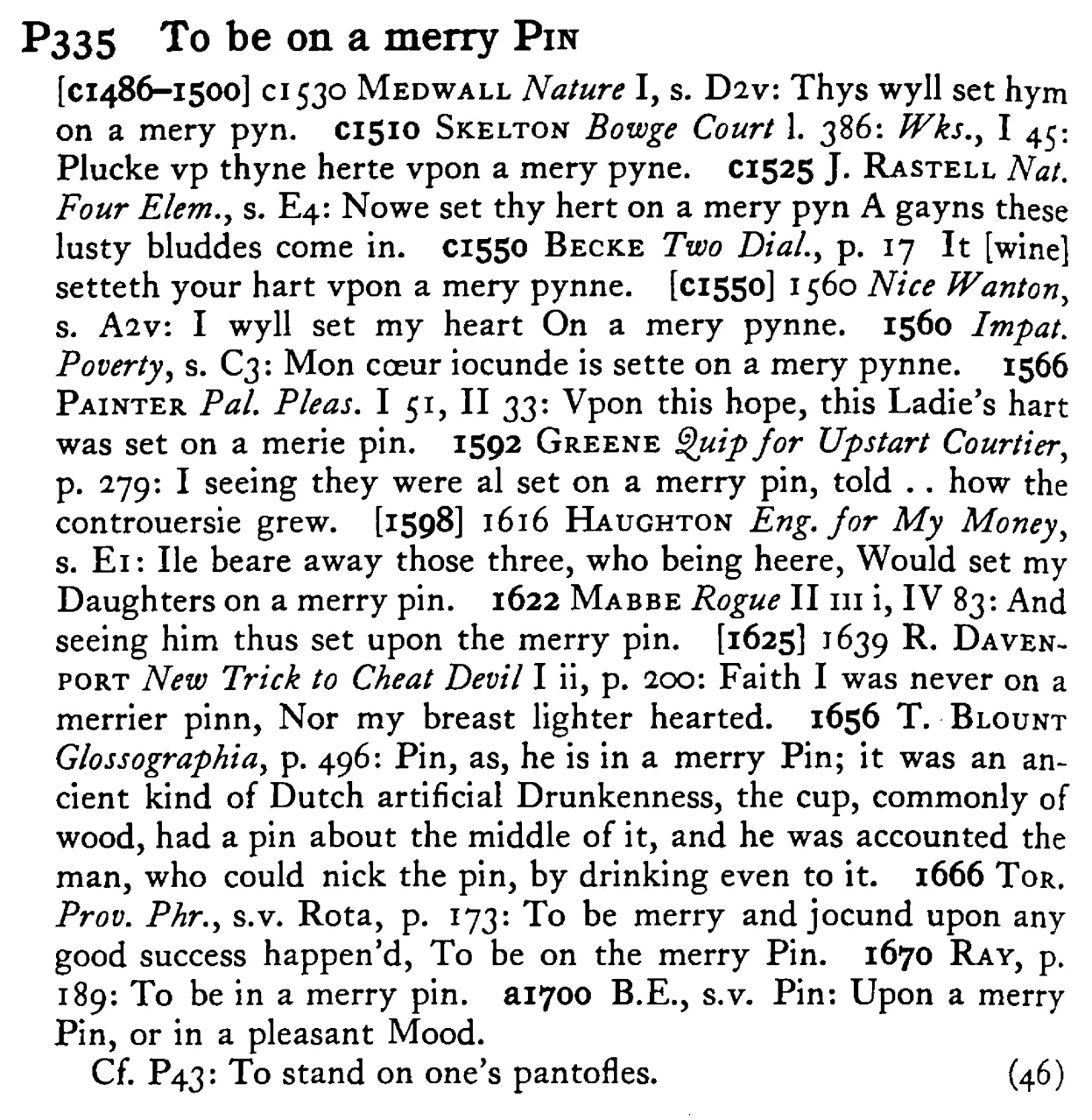 To be on a merry PIN - a scanned entry from Tilley's 1950 Dictionary of Proverbs.