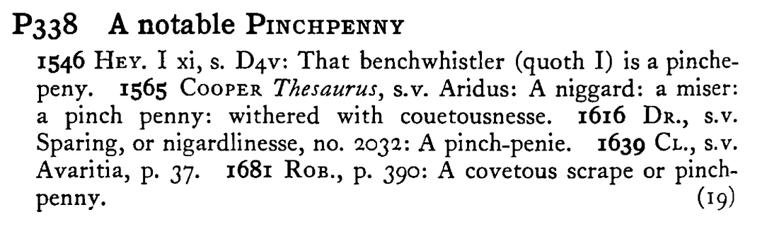 A notable PINCHPENNY - a scanned entry from Tilley's 1950 Dictionary of Proverbs.