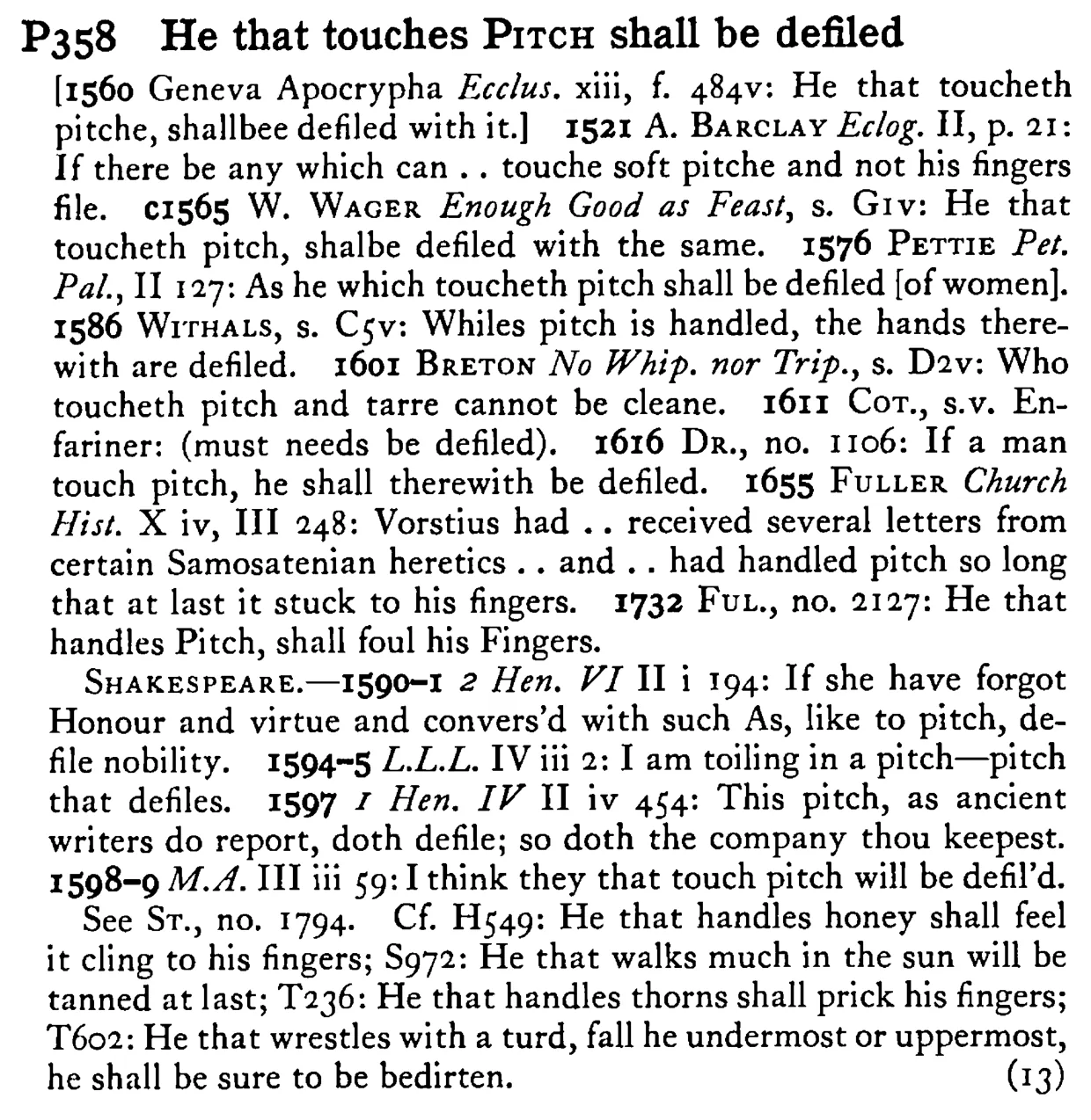 He that touches PITCH shall be defiled - a scanned entry from Tilley's 1950 Dictionary of Proverbs.