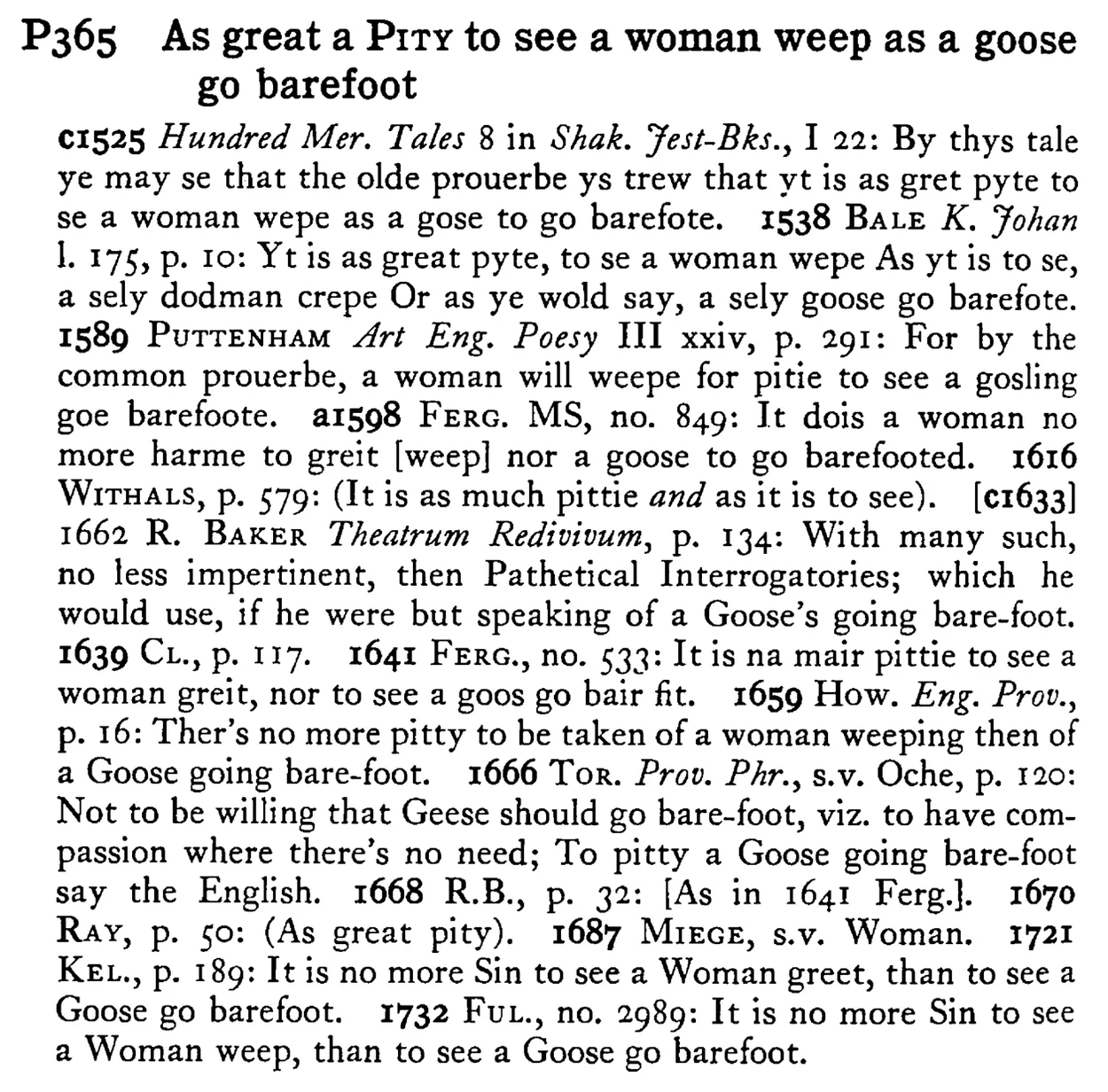 As great a PITY to see a woman weep as a goose go barefoot - a scanned entry from Tilley's 1950 Dictionary of Proverbs.