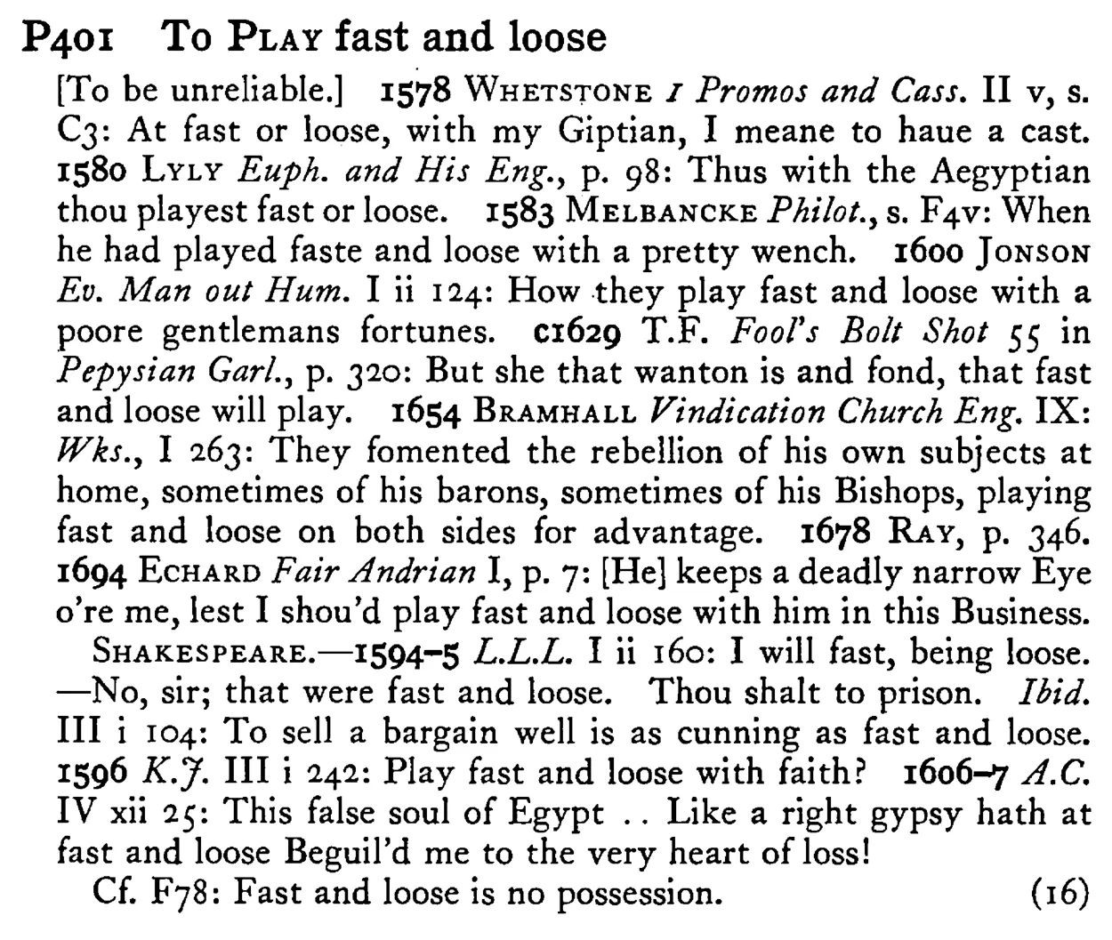 To PLAY fast and loose - a scanned entry from Tilley's 1950 Dictionary of Proverbs.