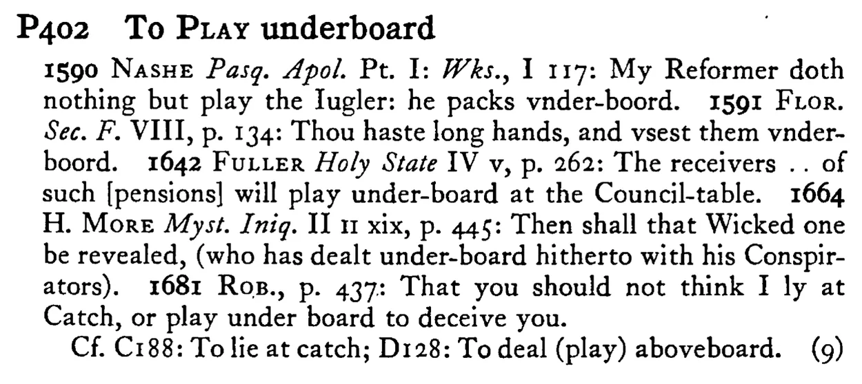 To PLAY underboard - a scanned entry from Tilley's 1950 Dictionary of Proverbs.