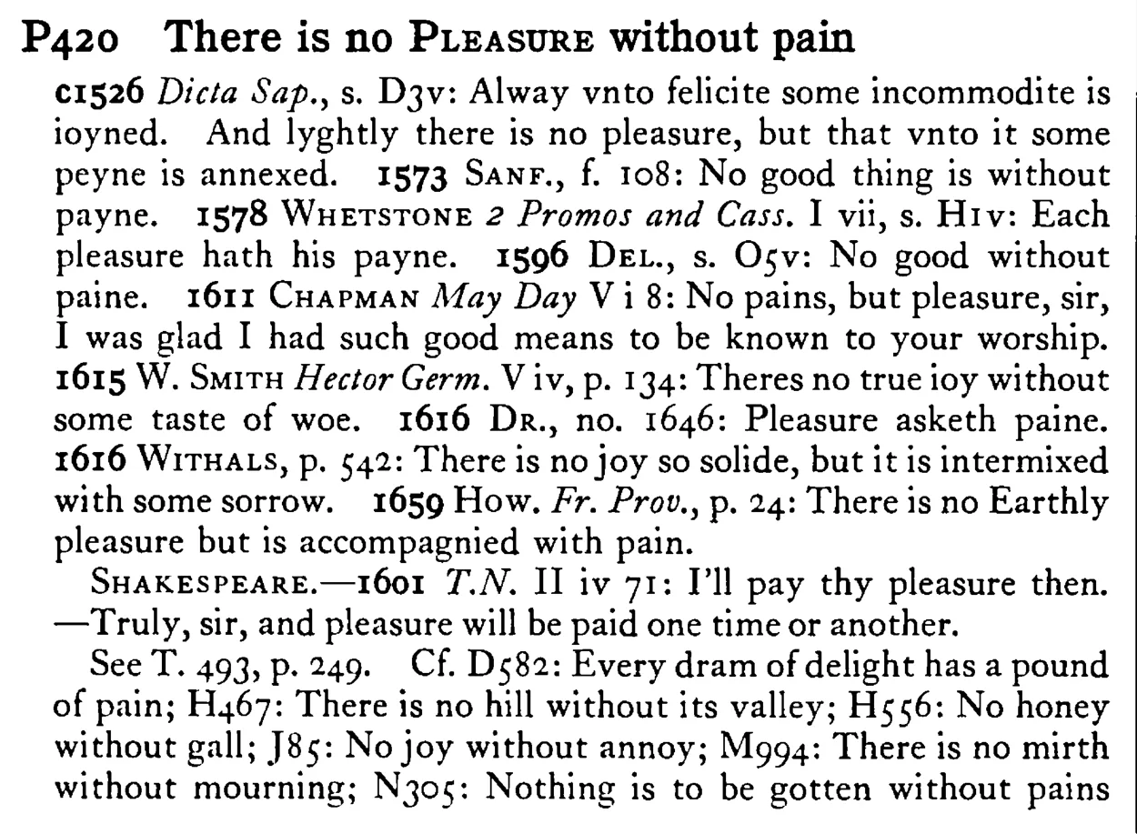 There is no PLEASURE without pain - a scanned entry from Tilley's 1950 Dictionary of Proverbs.