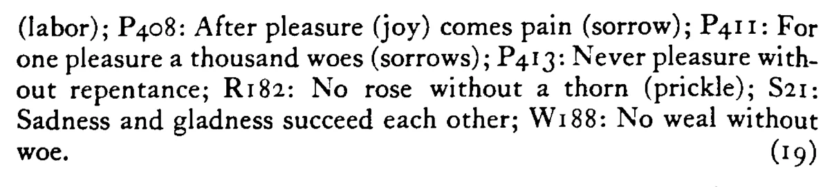 There is no PLEASURE without pain - a scanned entry from Tilley's 1950 Dictionary of Proverbs. (continuation)