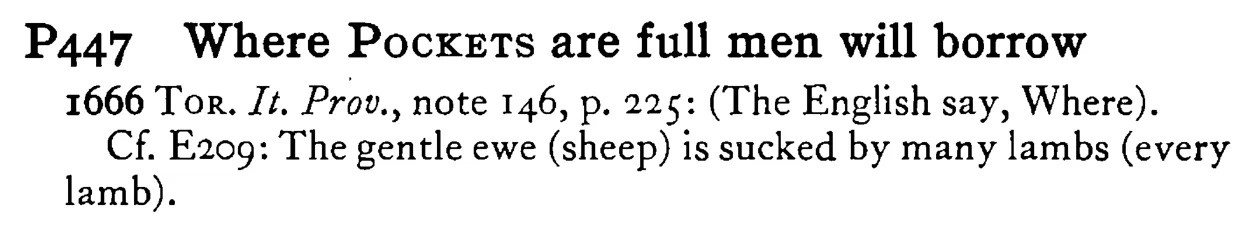 Where POCKETS are full men will borrow - a scanned entry from Tilley's 1950 Dictionary of Proverbs.