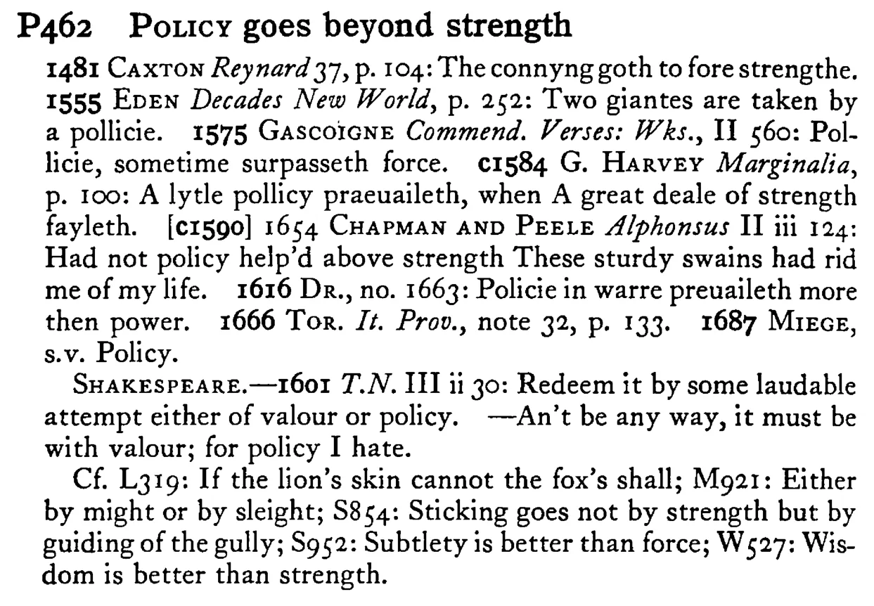 POLICY goes beyond strength - a scanned entry from Tilley's 1950 Dictionary of Proverbs.