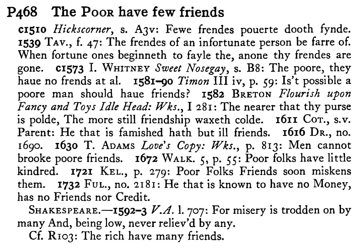 The POOR have few friends - a scanned entry from Tilley's 1950 Dictionary of Proverbs.