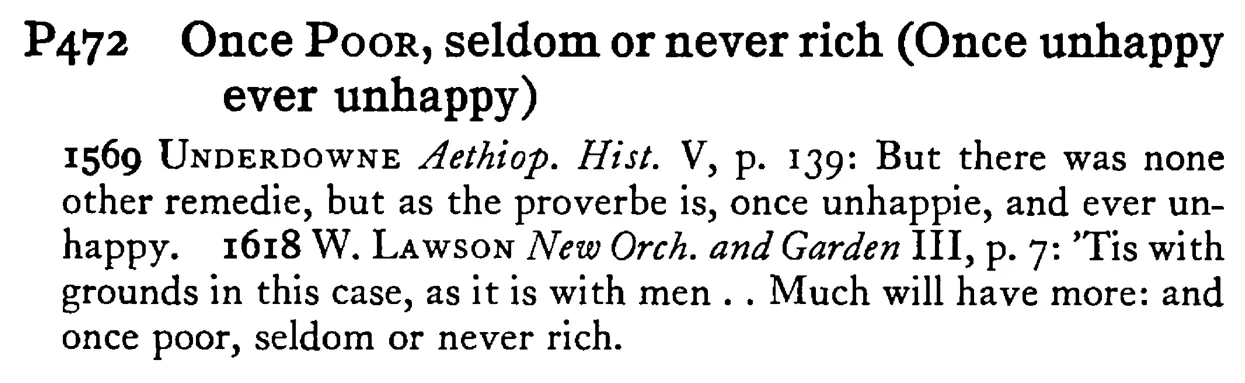 Once POOR, seldom or never rich (Once unhappy ever unhappy) - a scanned entry from Tilley's 1950 Dictionary of Proverbs.