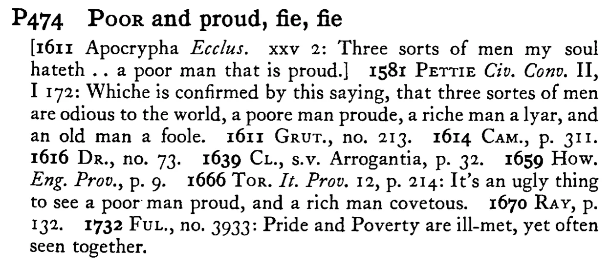 POOR and proud, fie, fie - a scanned entry from Tilley's 1950 Dictionary of Proverbs.