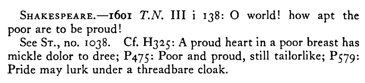 POOR and proud, fie, fie - a scanned entry from Tilley's 1950 Dictionary of Proverbs. (continuation)