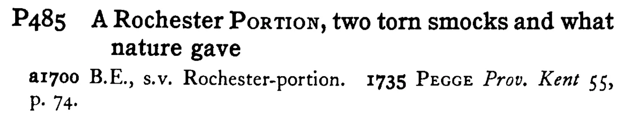 A Rochester PORTION, two torn smocks and what nature gave - a scanned entry from Tilley's 1950 Dictionary of Proverbs.