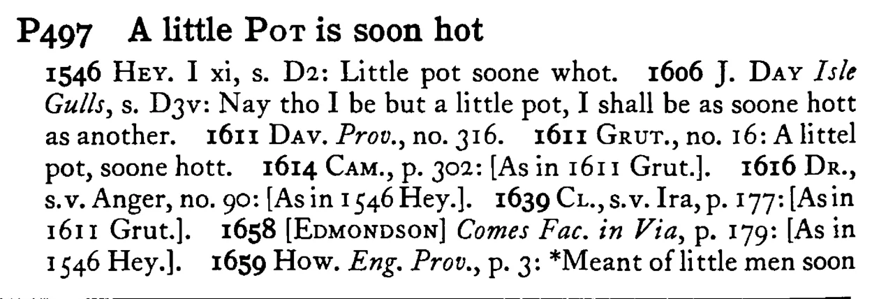 A little POT is soon hot - a scanned entry from Tilley's 1950 Dictionary of Proverbs.