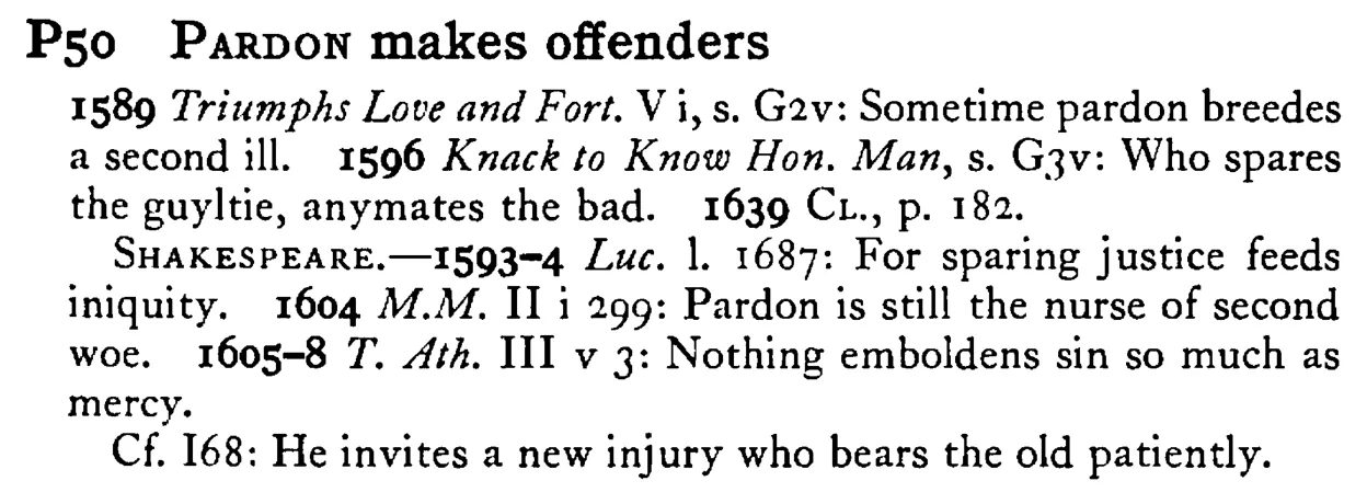 PARDON makes offenders - a scanned entry from Tilley's 1950 Dictionary of Proverbs.